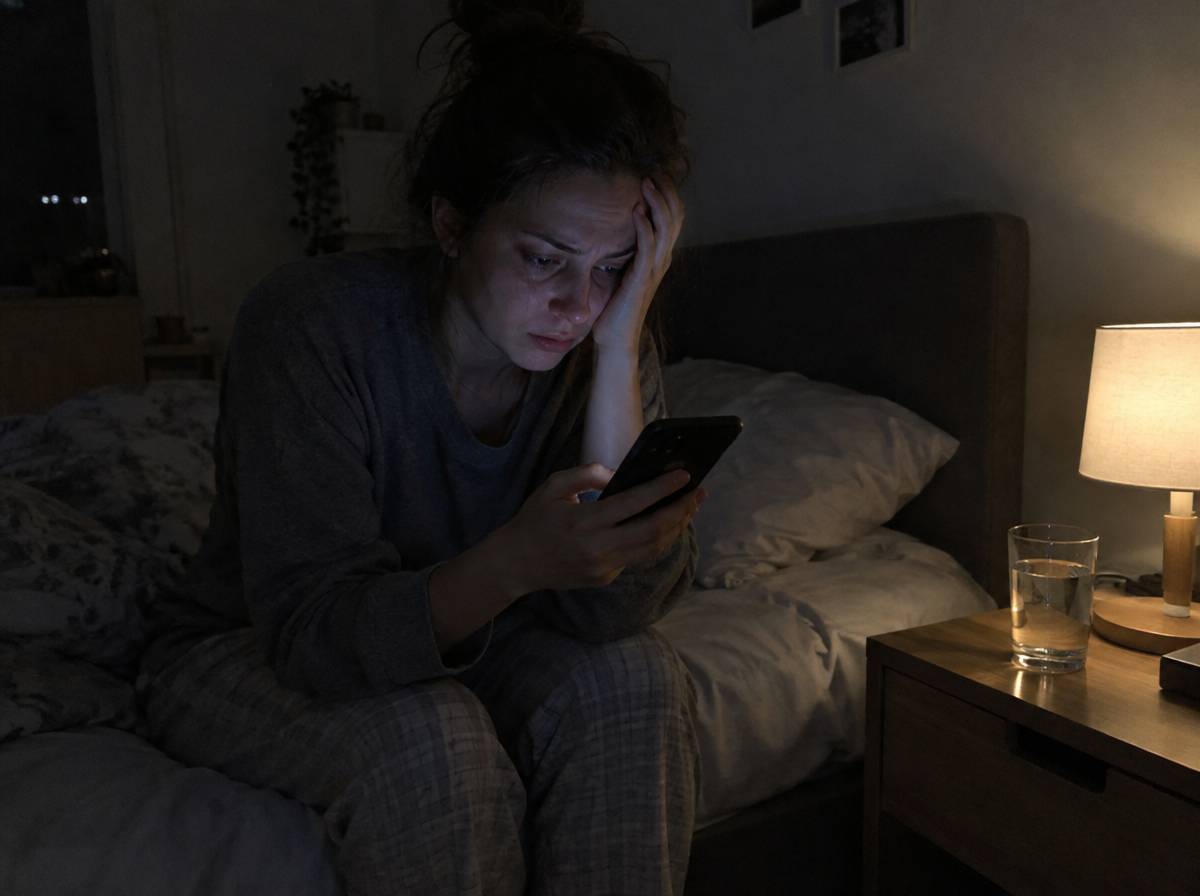 Zmęczona osoba z telefonem siedzi nocą na łóżku, obok lampka nocna i szklanka wody, objawy bezsenności