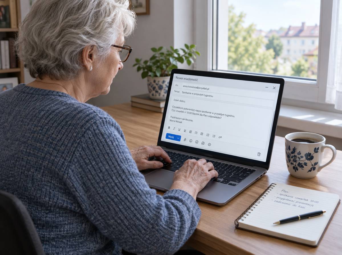 Starsza kobieta pisze pożegnalny e-mail na laptopie, obok kubek z kawą i notes