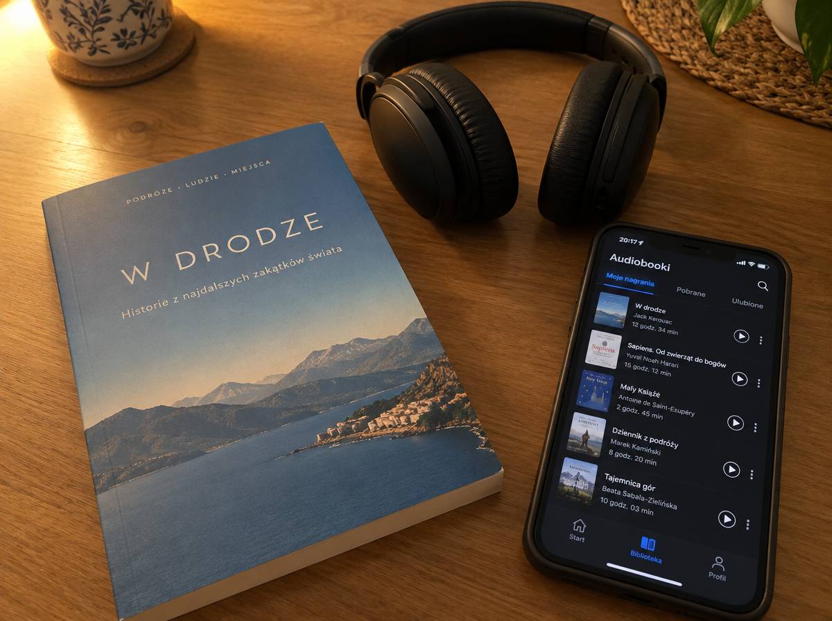 Papierowa książka o podróżach, słuchawki i telefon z aplikacją do audiobooków na stole