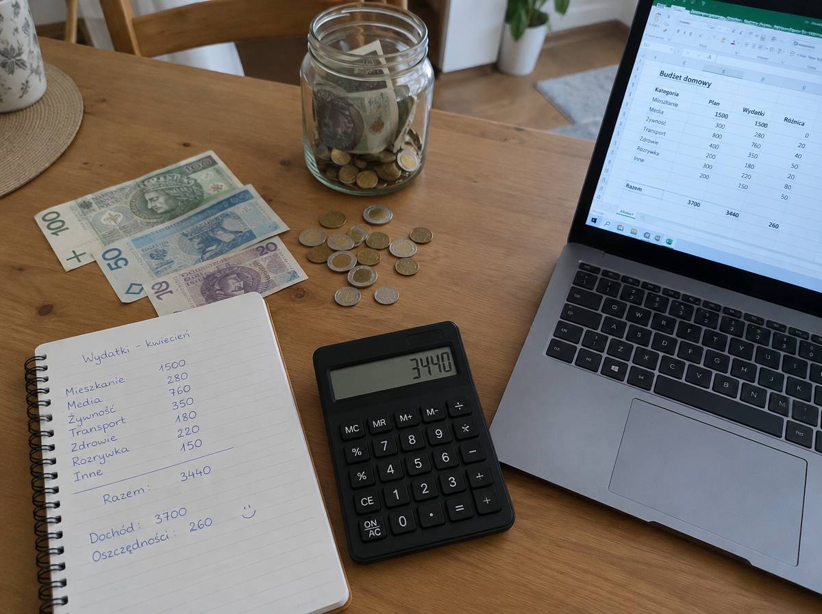 Stół z notesem pełnym kwot, kalkulatorem, banknotami, słoikiem z gotówką i laptopem z arkuszem