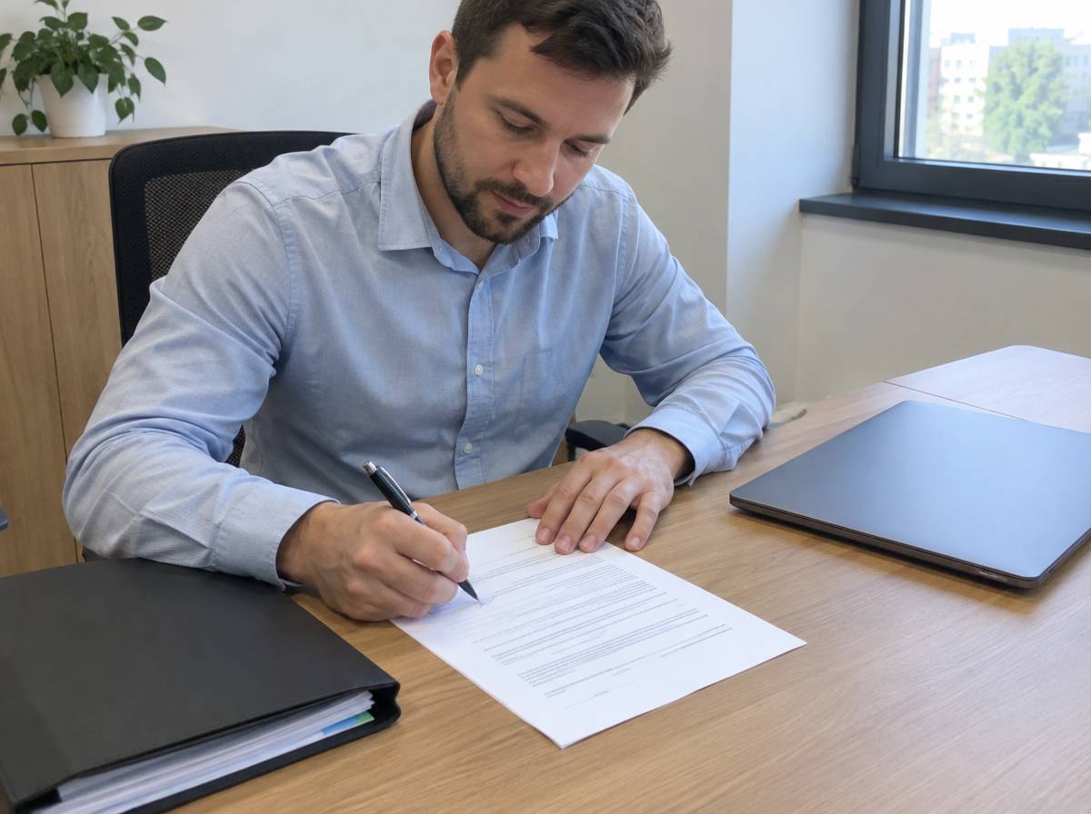 Pracownik przy biurku podpisuje deklarację uczestnictwa w PPE, obok teczka z dokumentami i laptop