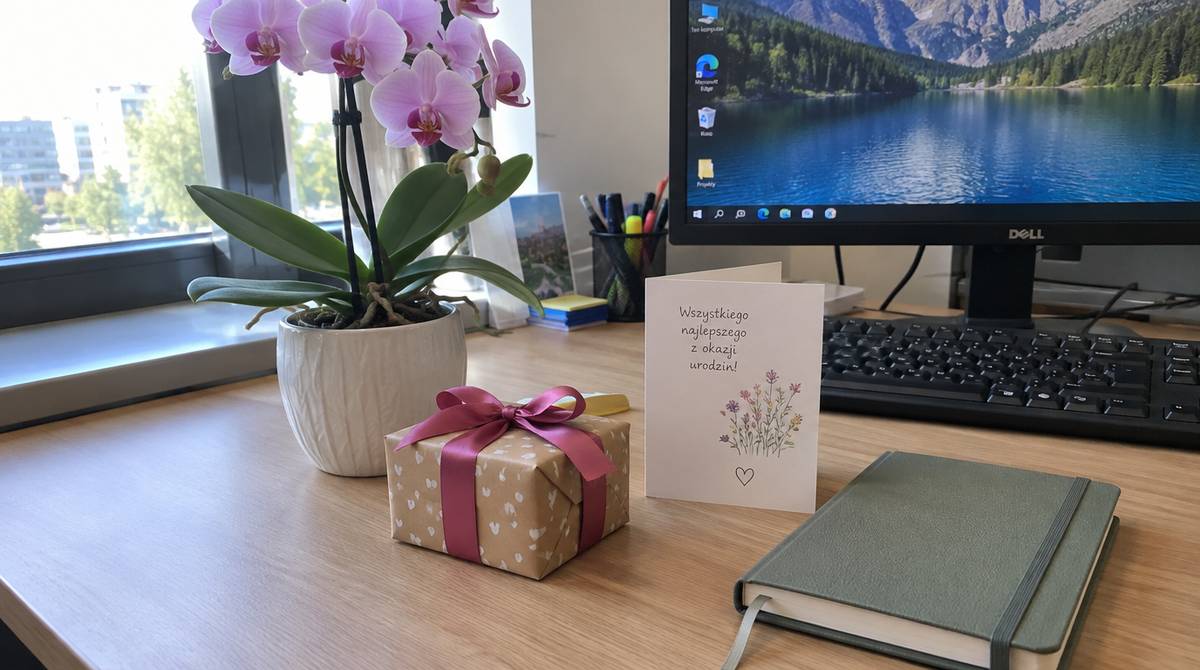 Zapakowany prezent urodzinowy, storczyk Phalaenopsis, notes i kartka z życzeniami na biurku w biurze
