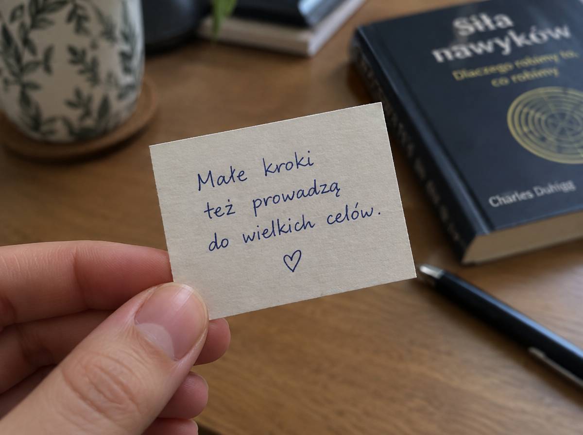 Dłoń trzyma kartkę z odręcznie zapisanym cytatem, w tle biurko z długopisem i książką