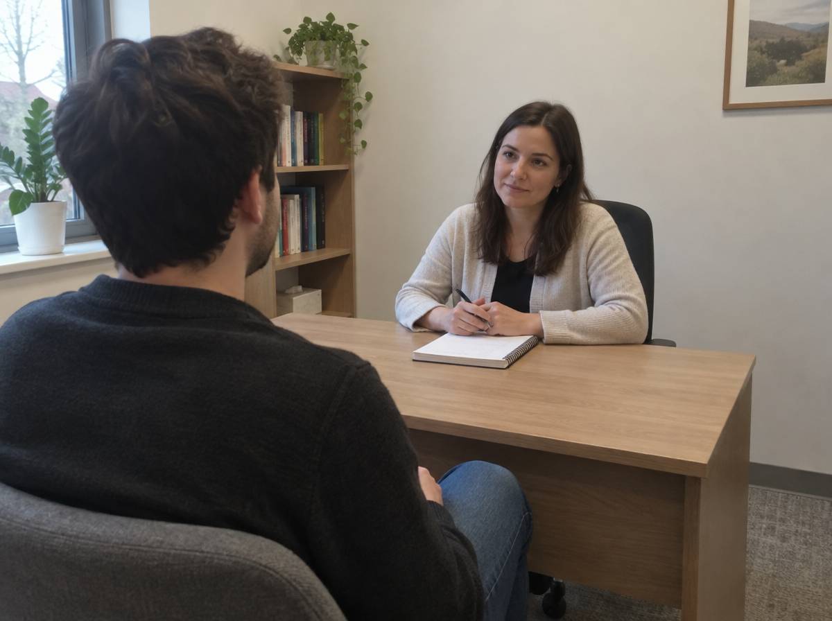 Rozmowa pacjenta z psychologiem w gabinecie, przy biurku z notesem