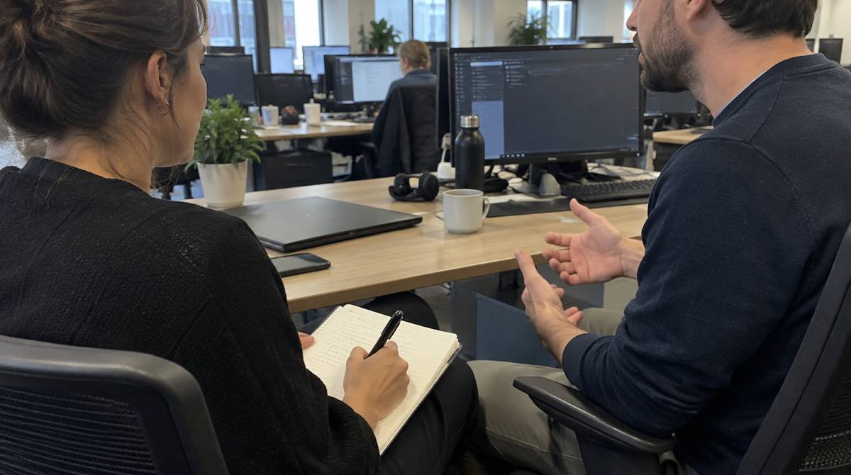 Dwie osoby rozmawiają przy biurku w otwartym biurze, jedna notuje w notesie przebieg rozmowy