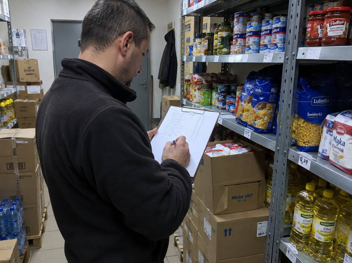Właściciel małego sklepu liczy towar na półkach i zapisuje spis z natury na kartce w podkładce