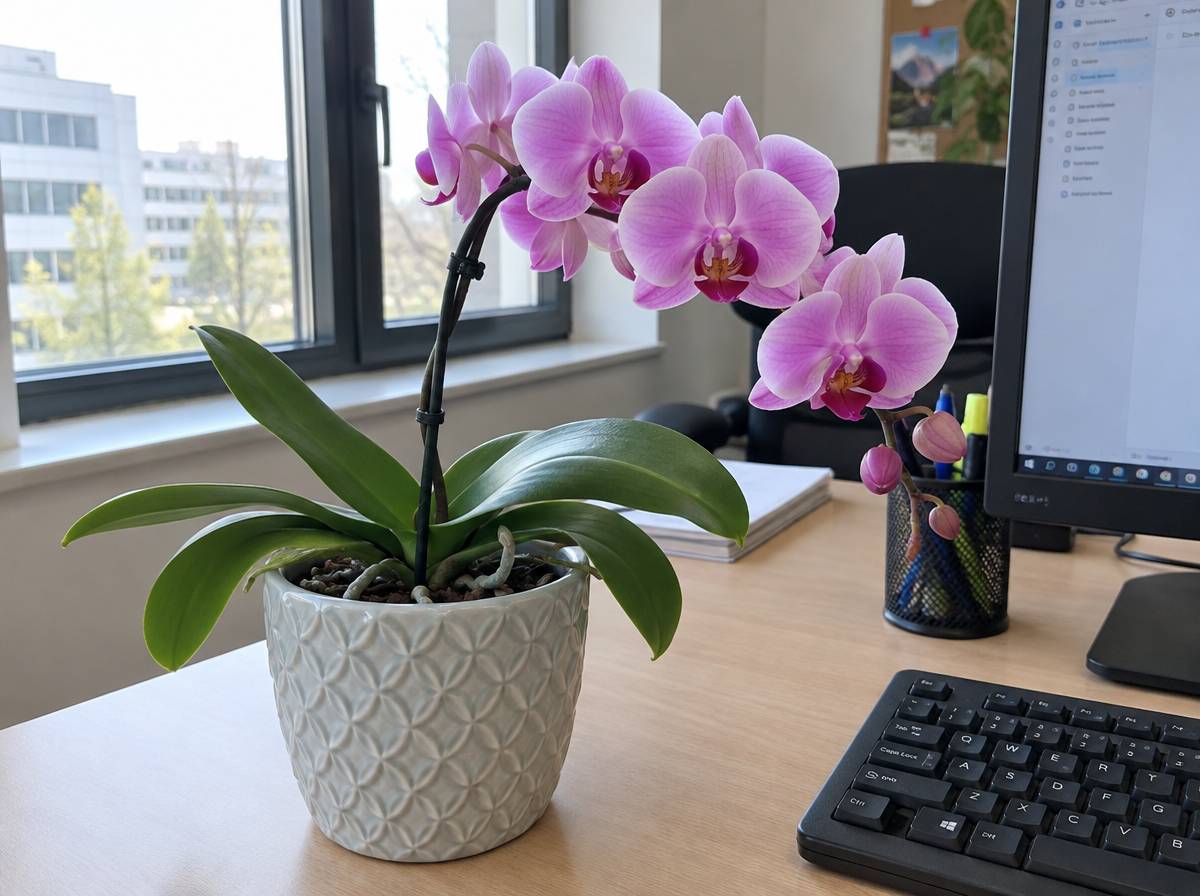 Storczyk Phalaenopsis w ceramicznej osłonce na biurku obok klawiatury i monitora
