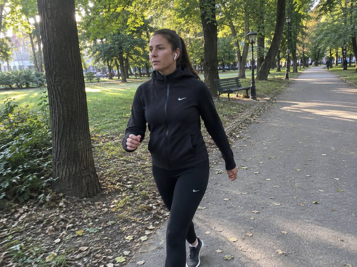 Osoba w sportowym ubraniu na szybkim spacerze w parku po pracy, telefon schowany w kieszeni