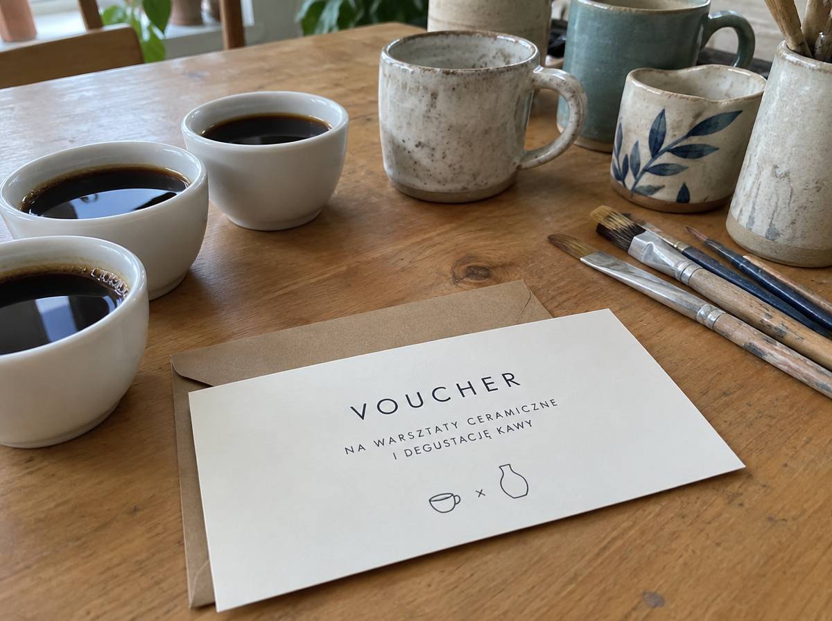 Voucher w kopercie, filiżanki do degustacji kawy, ceramiczne kubki i pędzle z warsztatów na stole