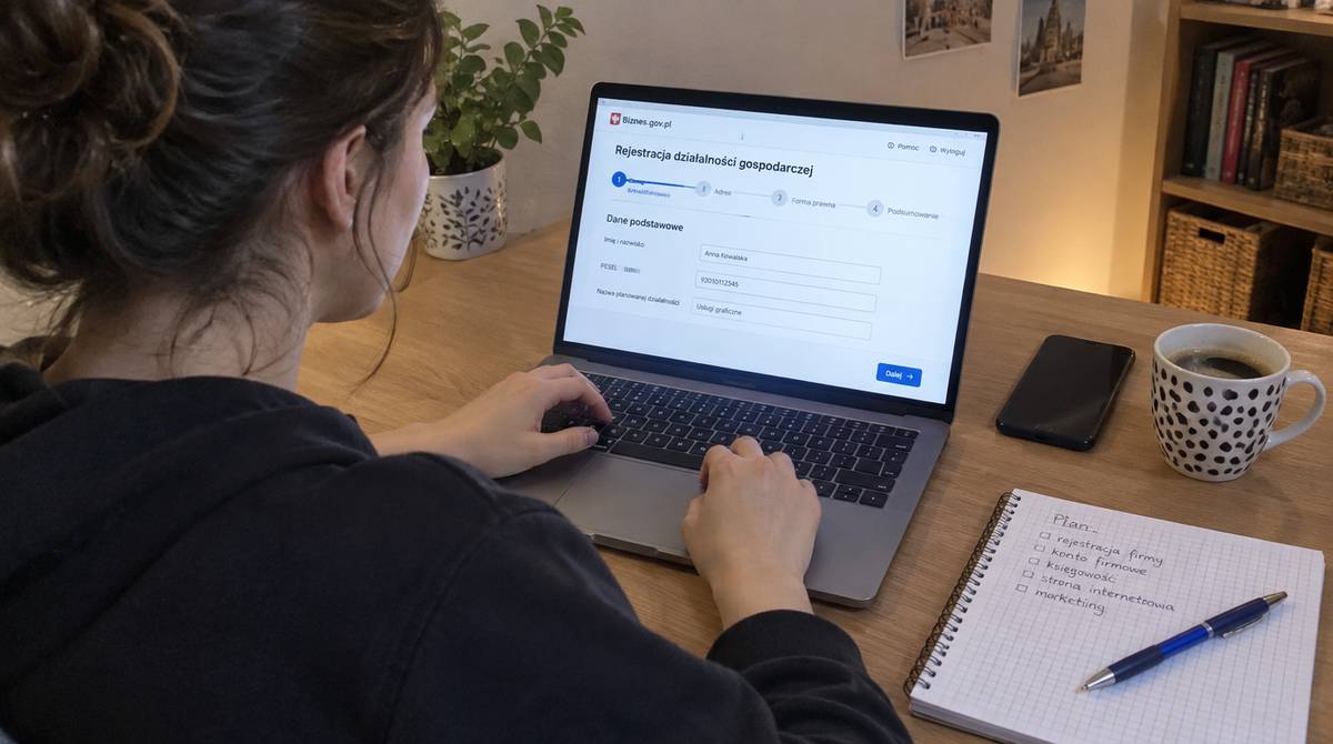 Osoba przy biurku w domu wypełnia na laptopie formularz rejestracji jednoosobowej firmy