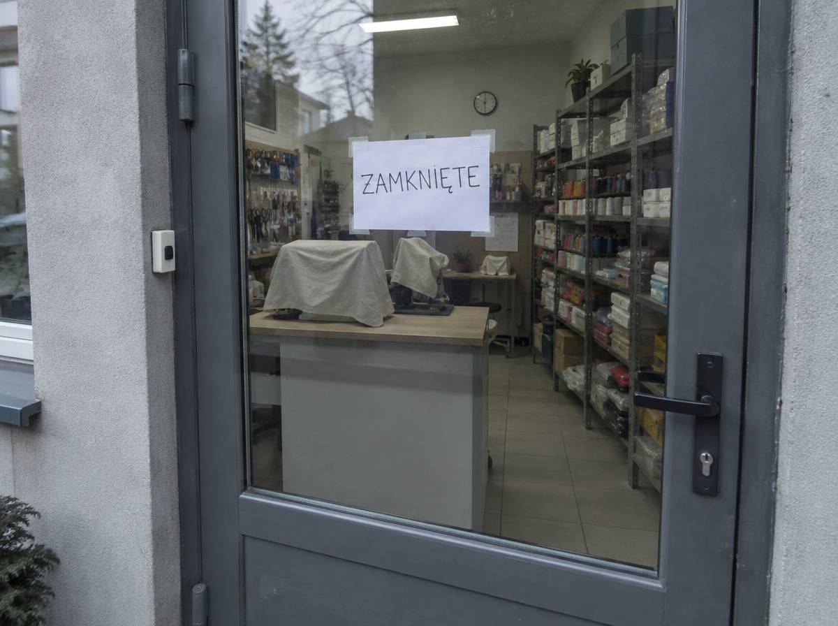 Zamknięte drzwi małej pracowni z kartką „zamknięte”, w środku przykryte maszyny i regały z towarem