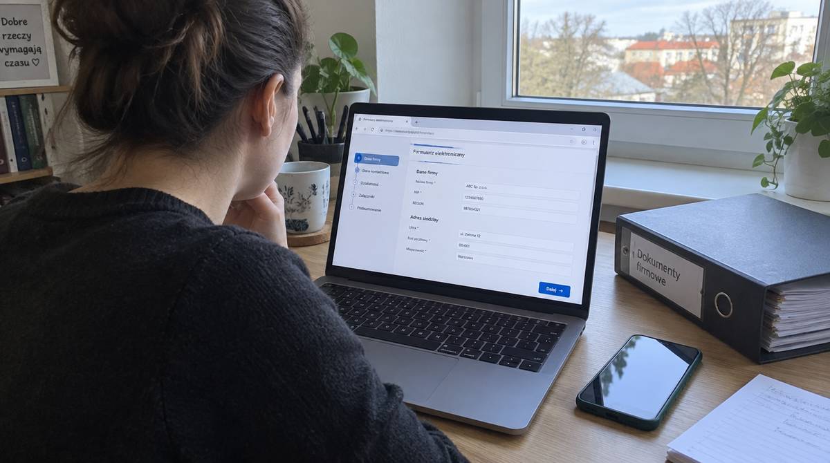 Przedsiębiorca przy laptopie w domowym biurze wypełnia formularz online w sprawie zamknięcia firmy