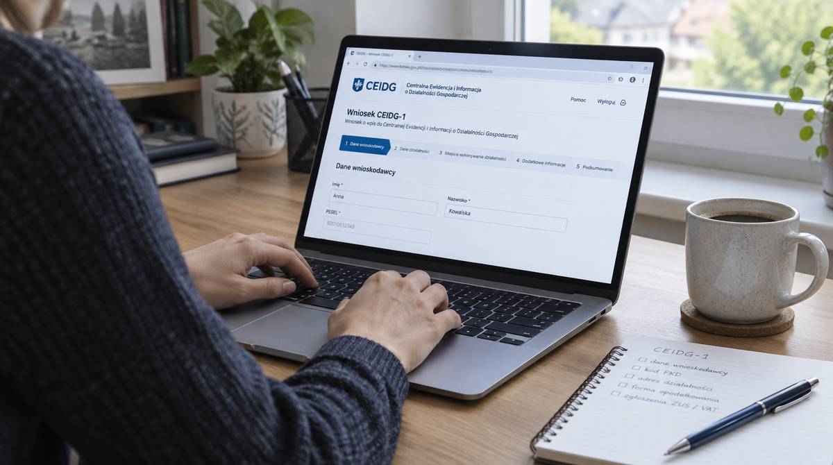 Osoba przy biurku wypełnia na laptopie wniosek CEIDG-1 o zawieszenie działalności, obok kubek i notatnik